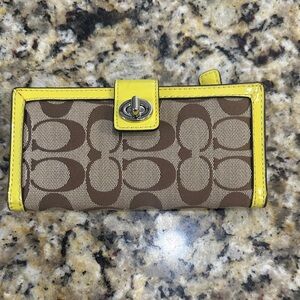 Coach Signature Canvas Continental Wallet in Brown with Yellow Trim